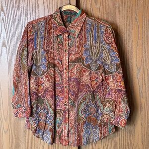 RALPH LAUREN PETITE PL BOHO SEMI-SHEER 3/4 SLEEVE BUTTON FRONT SHIRT WESTERN TOP